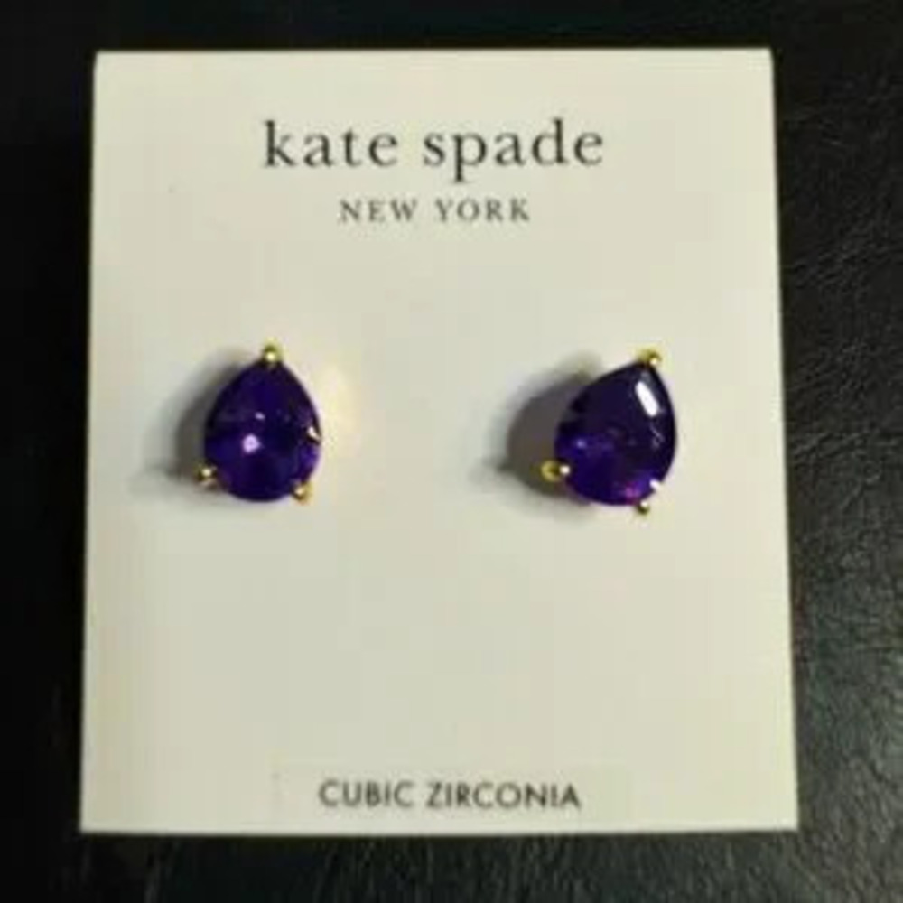 Kate Spade NWT Amethyst Stud Earrings Gold Toned Cubic Zirconia with Dust Bag